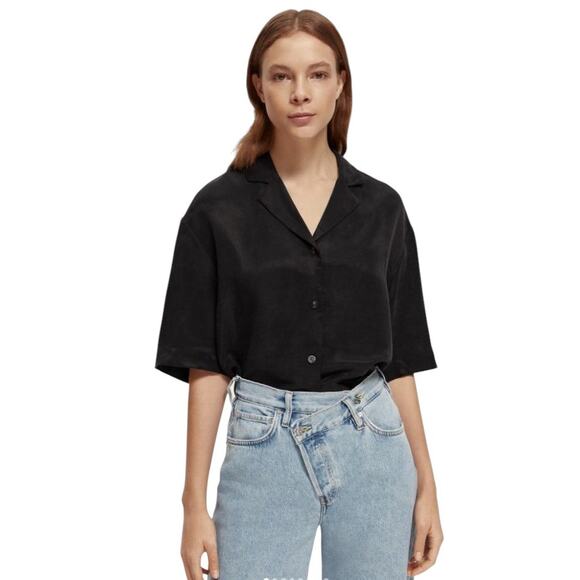 Scotch & Soda Tops - Scotch & Soda Black Linen Short Sleeve Camp Shirt